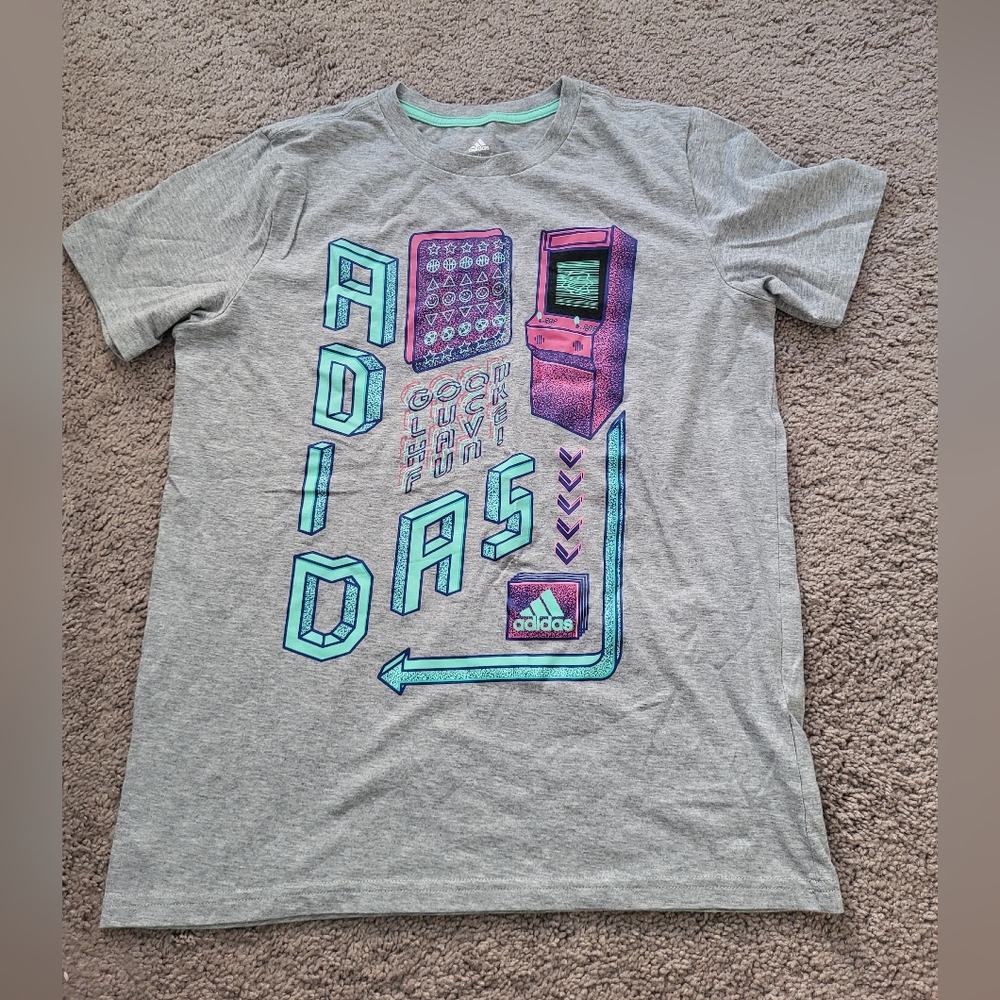 Adidas Gray Tee with Teal & Purple Retro Graphic